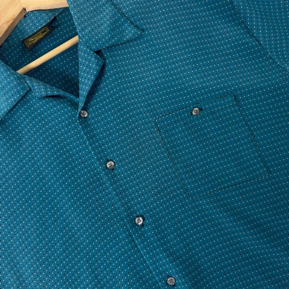 Monzini Collection Mens XL Teal Polka Dot Camp Collar Button Down Shirt USA Made